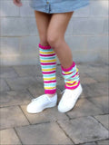 Hand Knit Striped Leg Warmers: Rainbow Acrylic Blend
