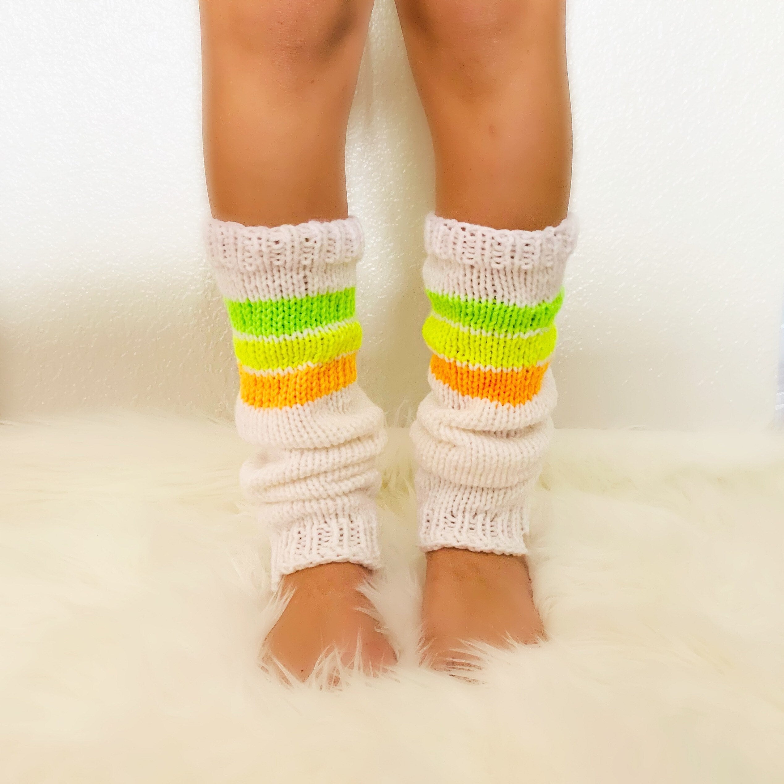 Knitted Leg Warmers for Girls: White with Neon Stripes, Ages 10-13