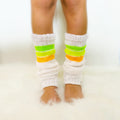 Knitted Leg Warmers for Girls: White with Neon Stripes, Ages 10-13