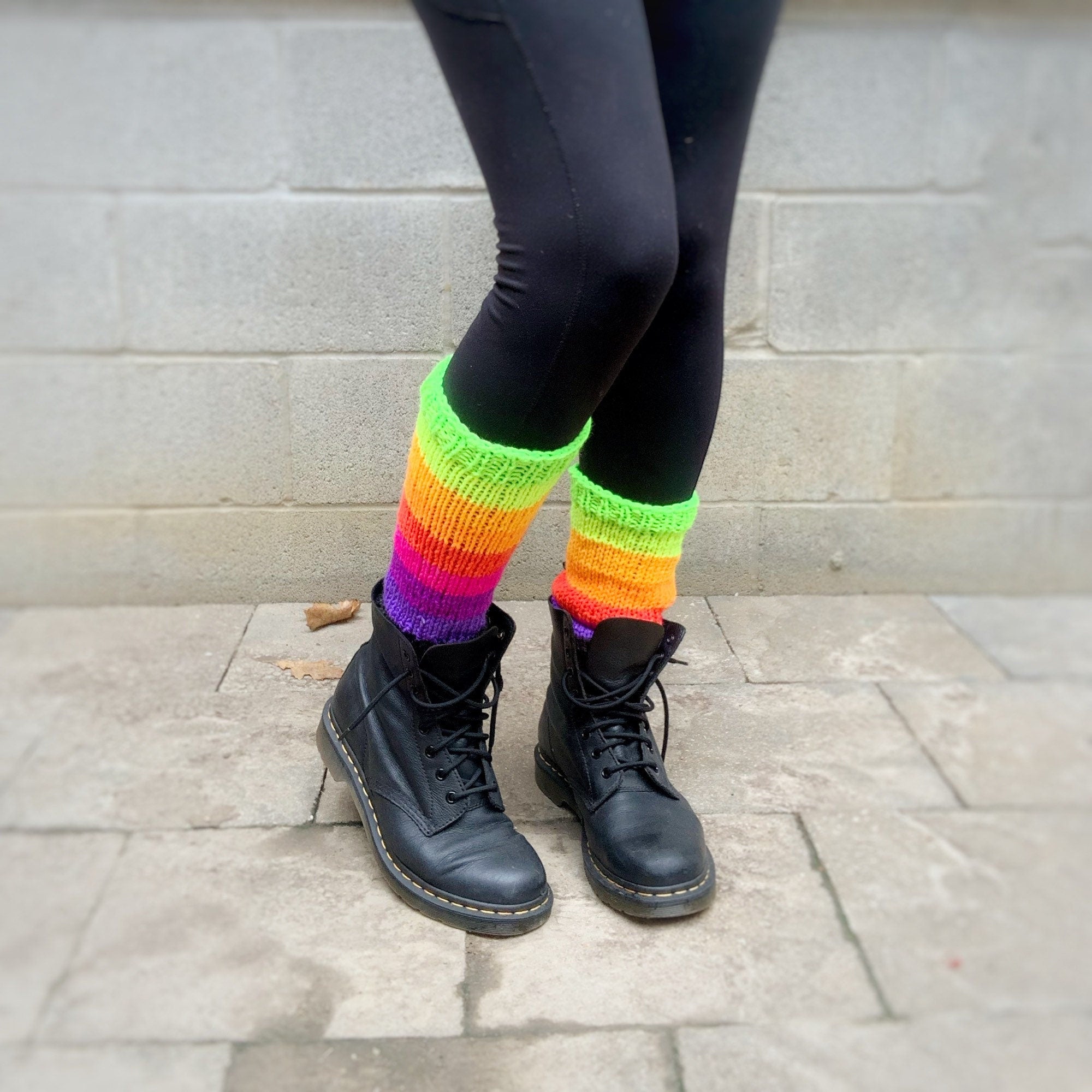 Rainbow Striped Knit Leg Warmers - Mid Calf Acrylic Yarn