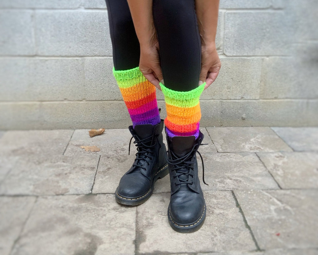 Rainbow Striped Knit Leg Warmers - Mid Calf Acrylic Yarn