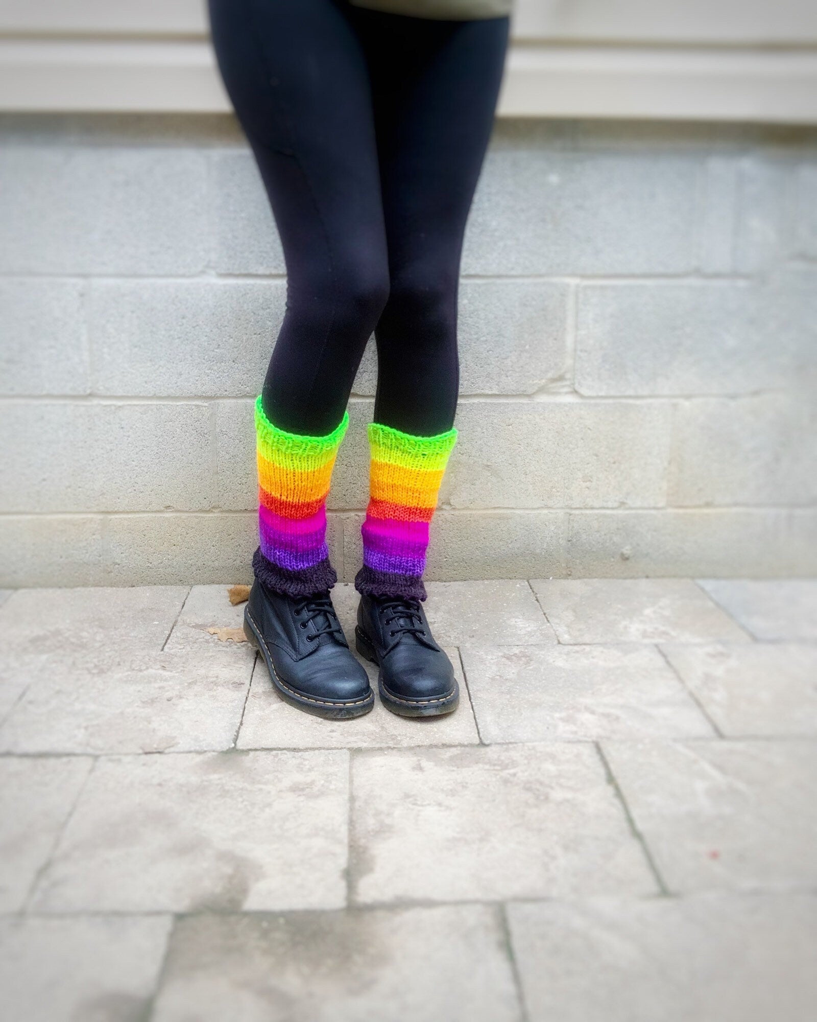Rainbow Striped Knit Leg Warmers - Mid Calf Acrylic Yarn
