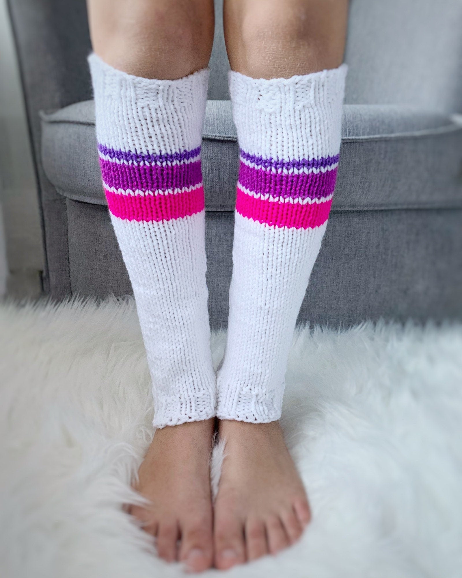 Knitted Leg Warmers | White with Pink & Purple Stripes, Girls 10-15