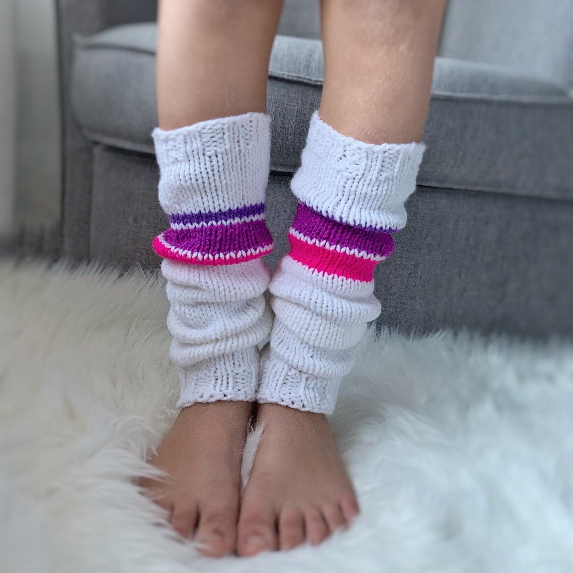 Knitted Leg Warmers | White with Pink & Purple Stripes, Girls 10-15