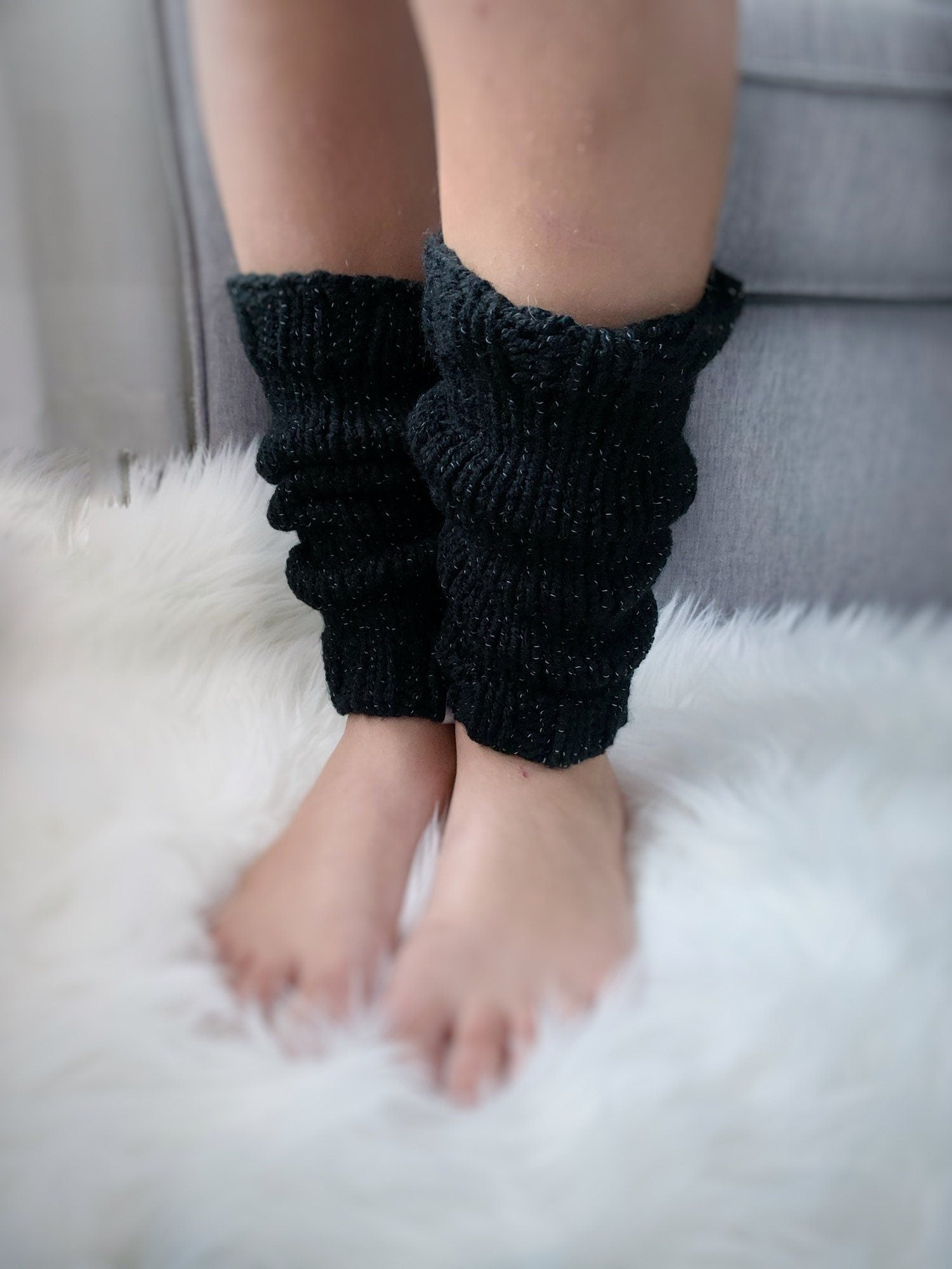 Reflective Black Knit Leg Warmers: Girls Size 6 and up