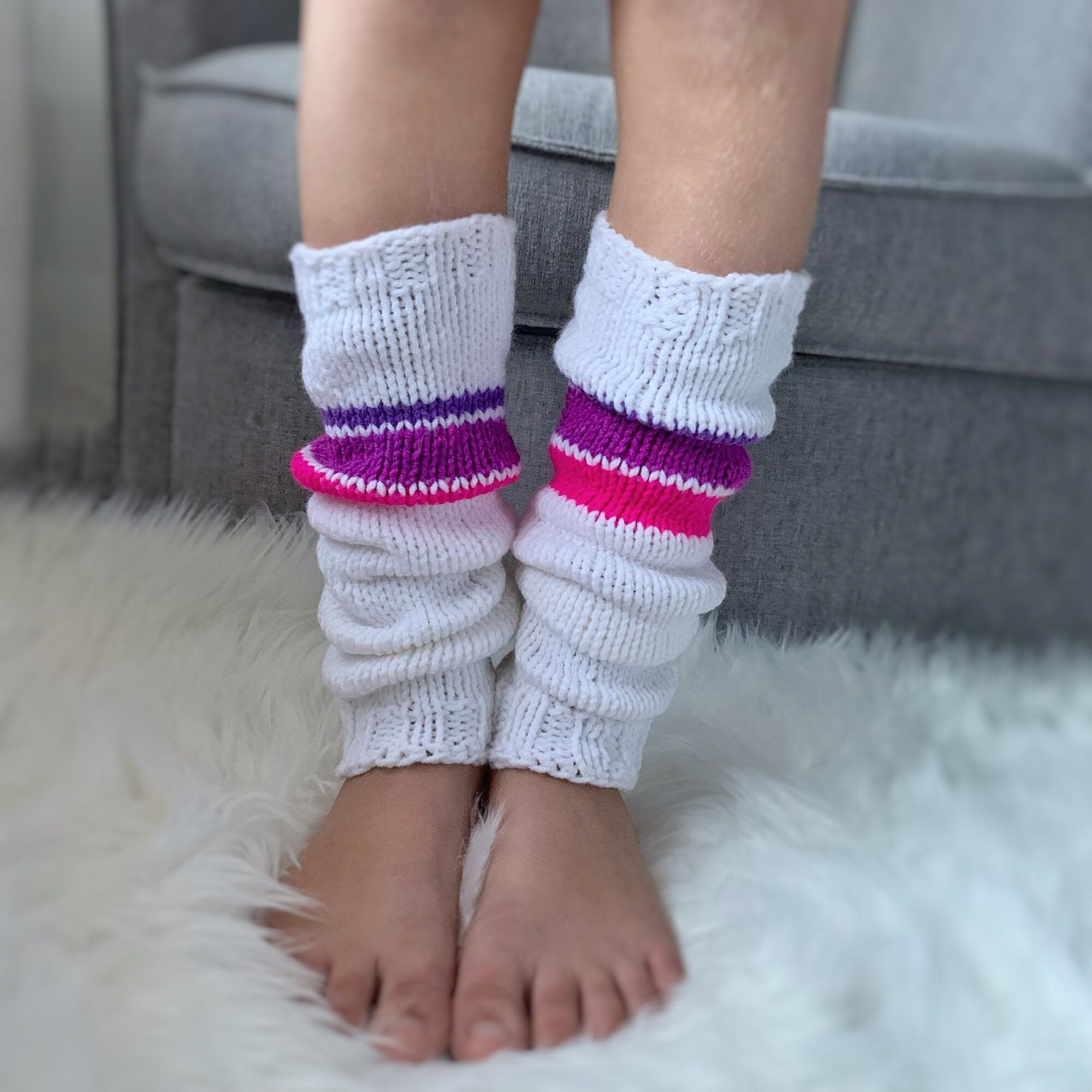 Knitted Leg Warmers | White with Pink & Purple Stripes, Girls 10-15
