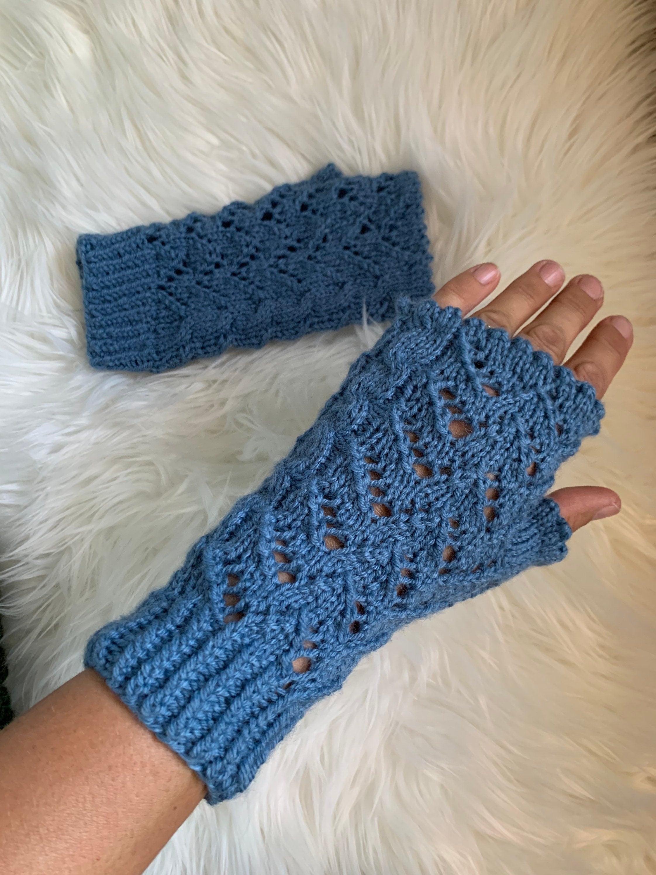 Dusty Blue Lacy Knit Fingerless Gloves: Acrylic Wrist Warmers