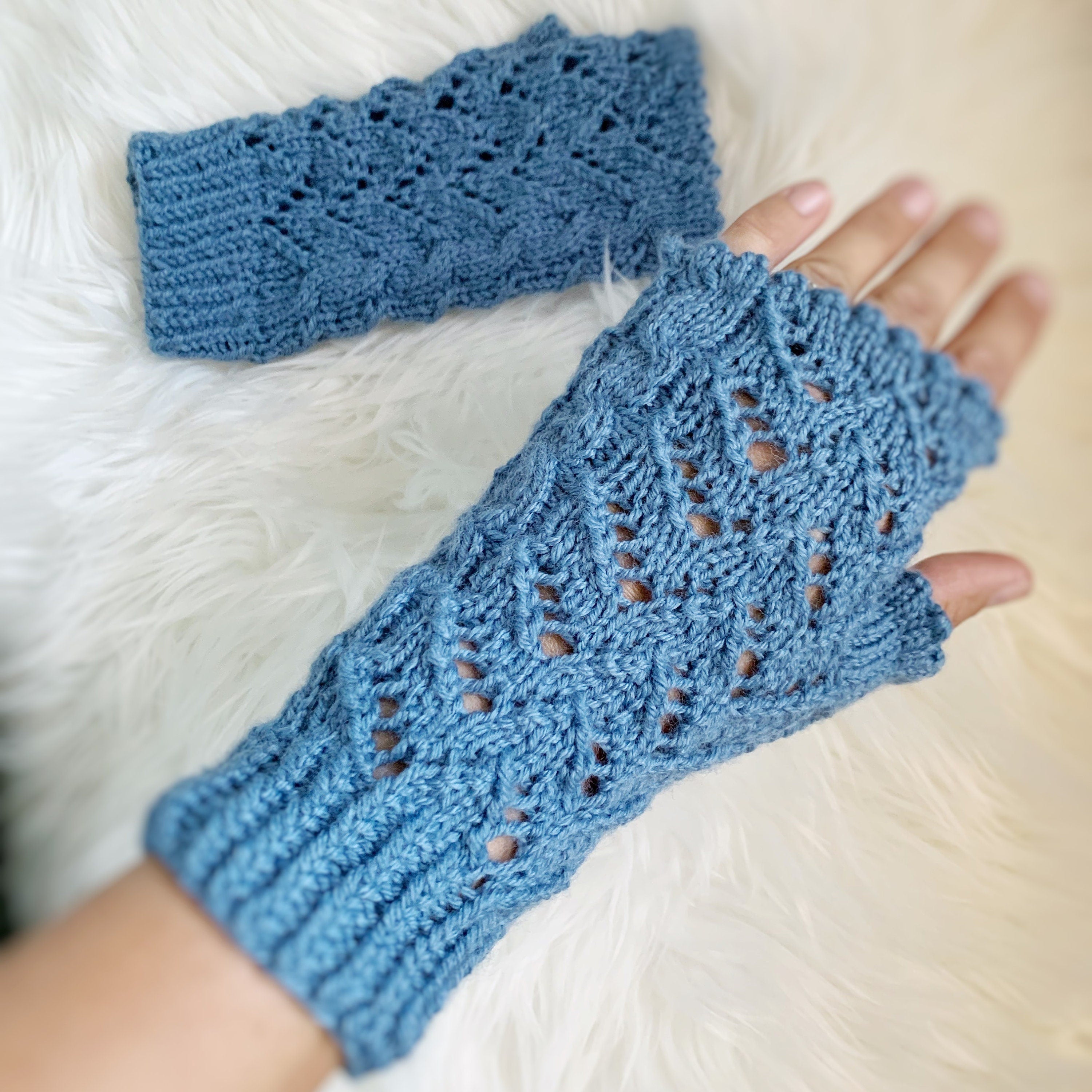 Dusty Blue Lacy Knit Fingerless Gloves: Acrylic Wrist Warmers