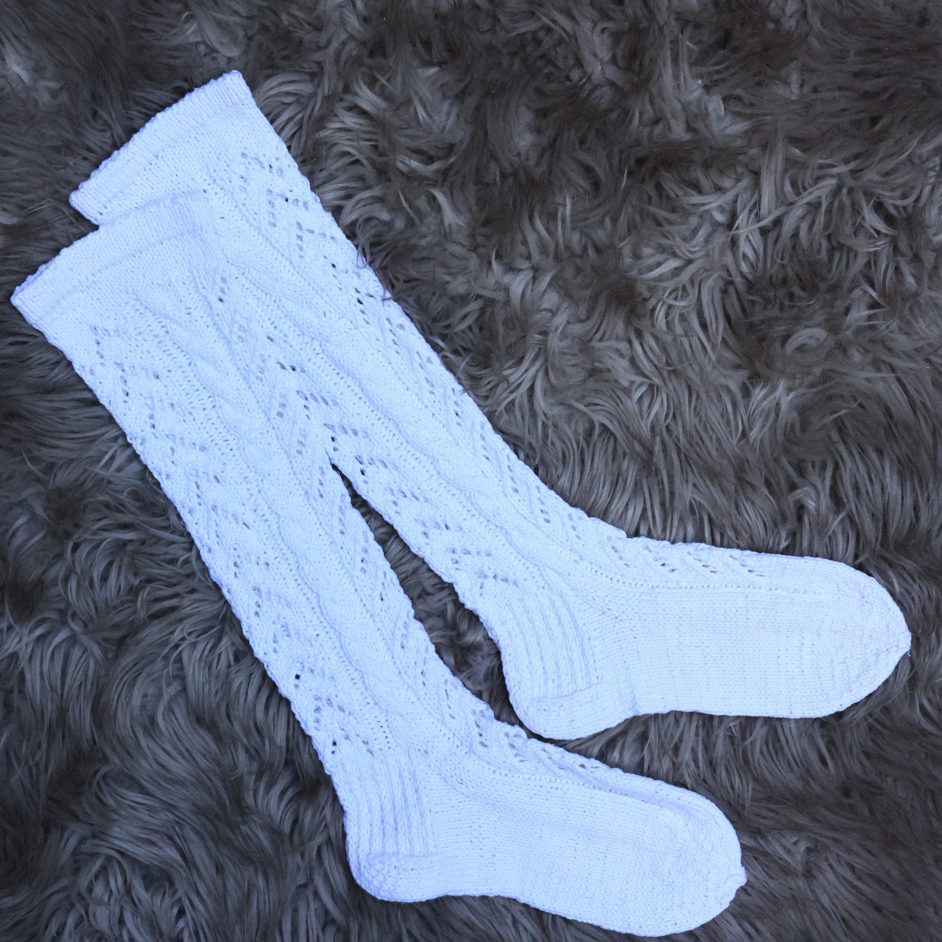 Hand Knitted Long Socks: White Victorian Style Cotton Blend Stockings