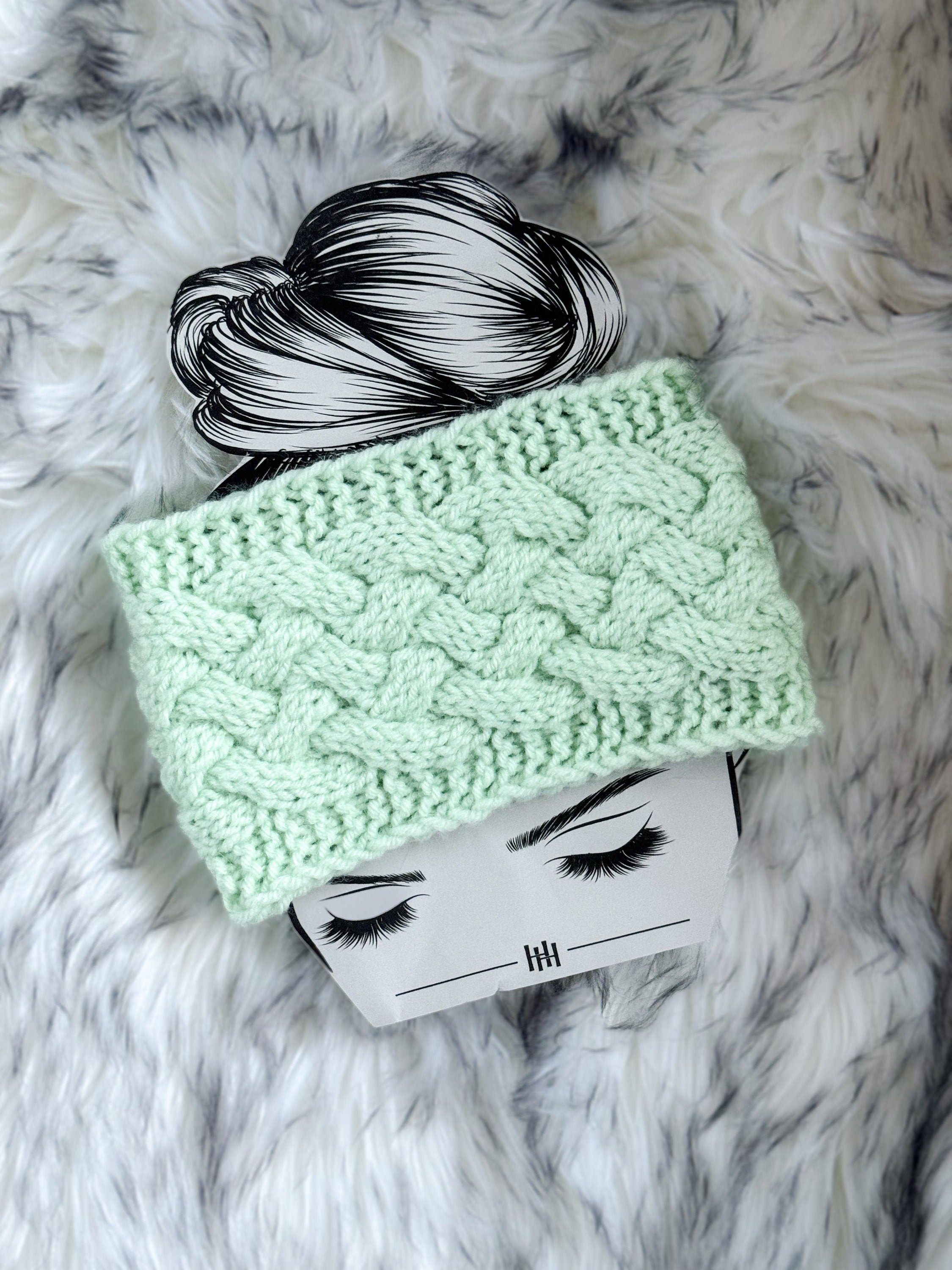 Hand knit Headband in mint green color, cable knit earwarmer, adult size