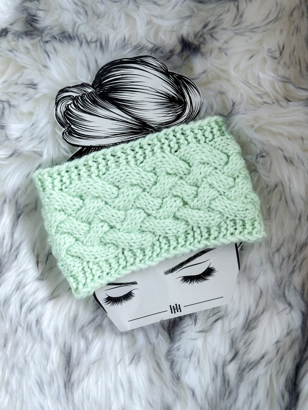 Hand knit Headband in mint green color, cable knit earwarmer, adult size