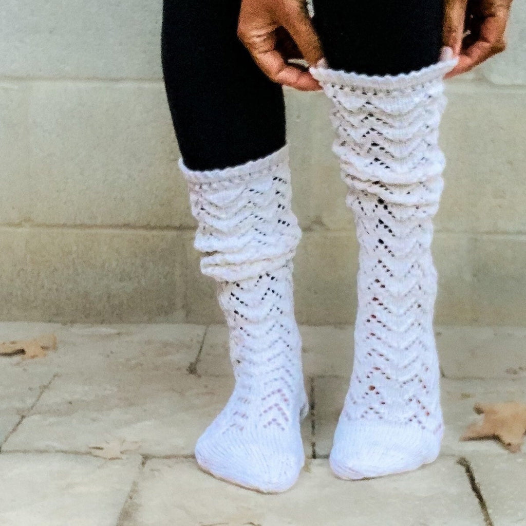 Hand Knitted Long Socks: White Victorian Style Cotton Blend Stockings