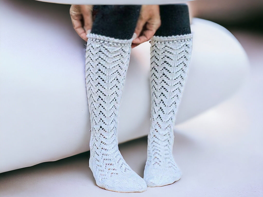 Hand Knitted Long Socks: White Victorian Style Cotton Blend Stockings