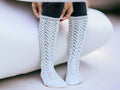 Hand Knitted Long Socks: White Victorian Style Cotton Blend Stockings