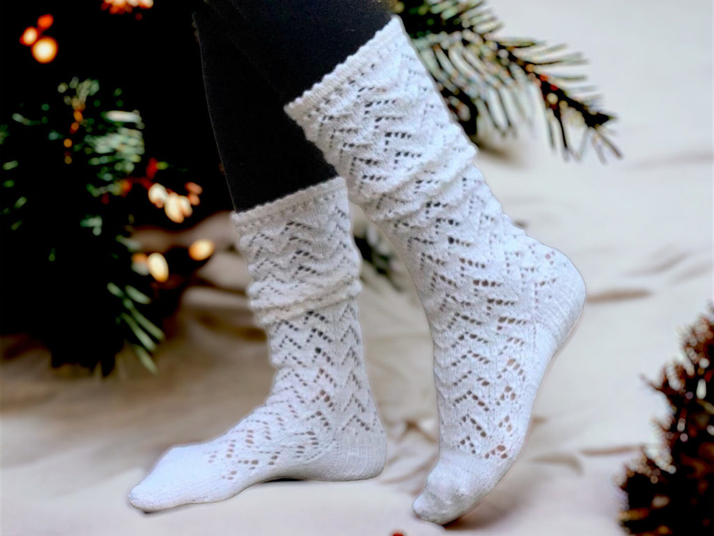Hand Knitted Long Socks: White Victorian Style Cotton Blend Stockings