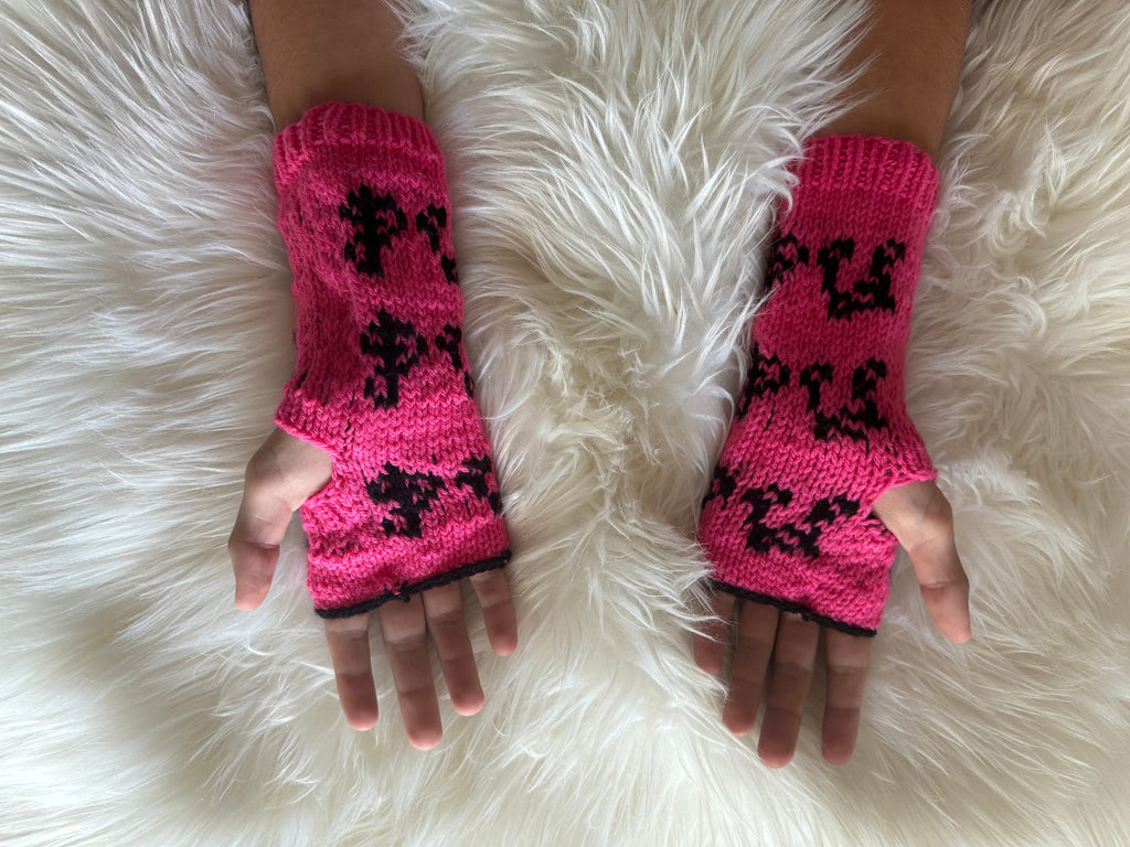 Knitted Arm Warmers: Pink Acrylic Wrist Cuffs with Music Notes