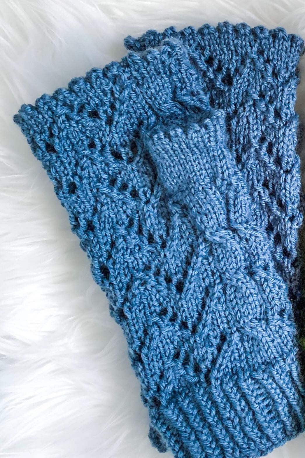 Dusty Blue Lacy Knit Fingerless Gloves: Acrylic Wrist Warmers