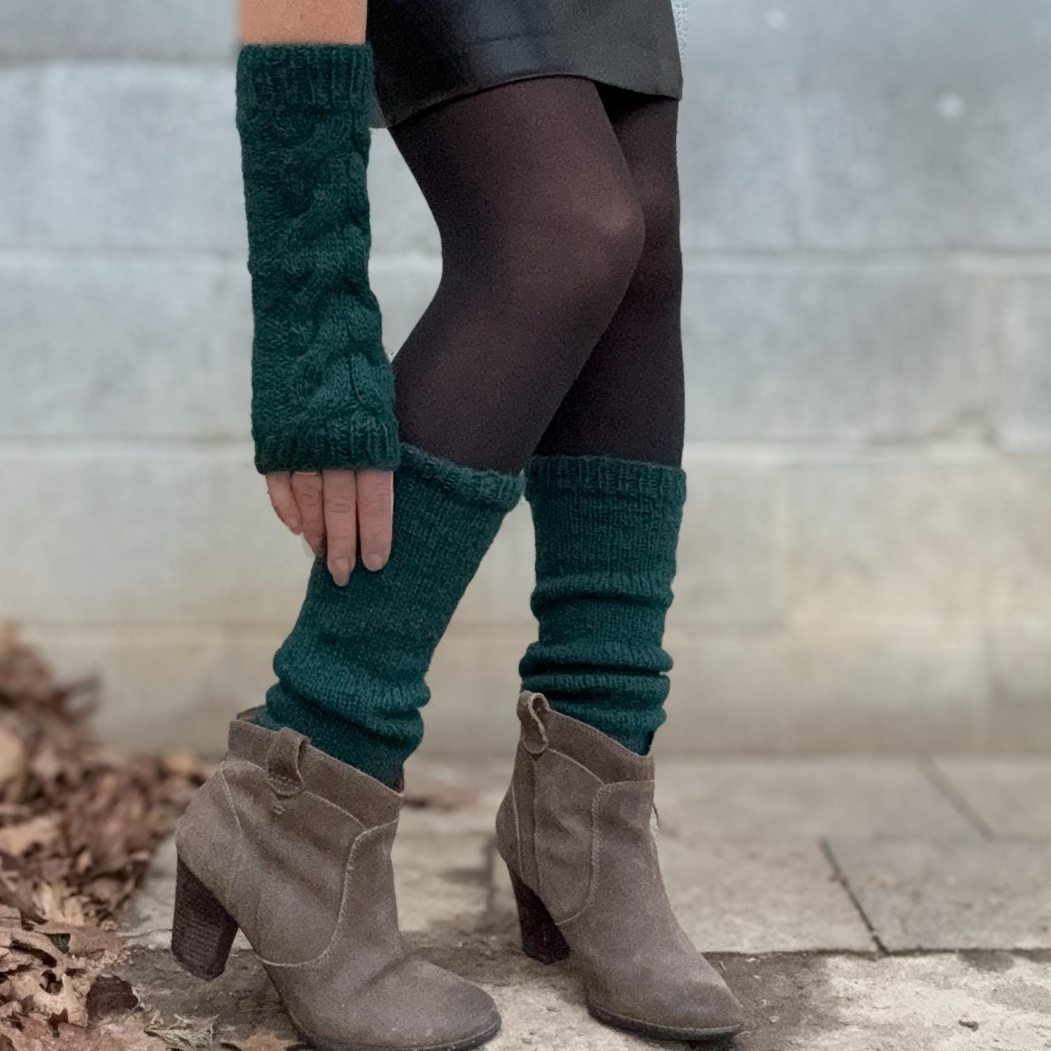 Hand Knit Wool Leg Warmers & Arm Warmers Set – Forest Green