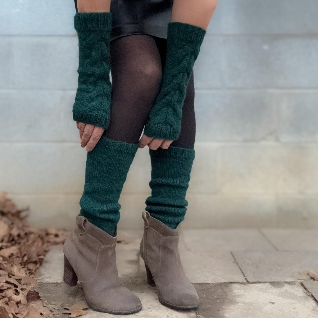 Hand Knit Wool Leg Warmers & Arm Warmers Set – Forest Green