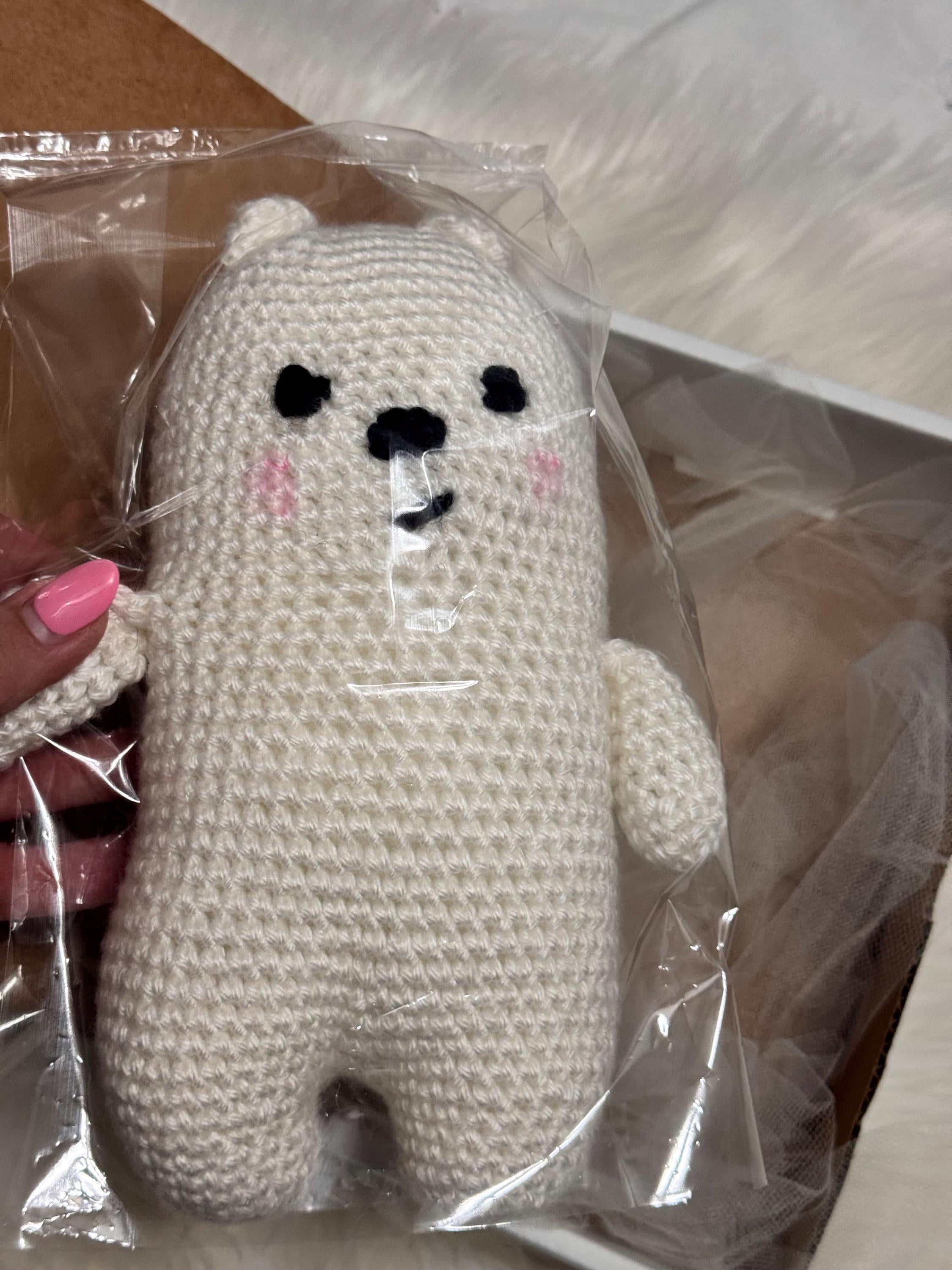 Handmade White Crochet Bear Plush – Amigurumi Stuffed Animal Toy – Nursery Decor Gift